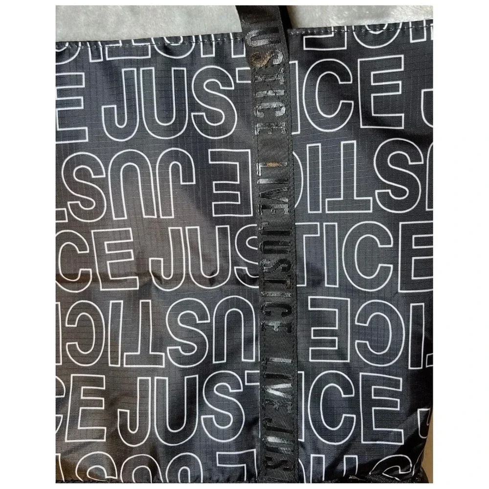 New Justice Tote Bag Black‎ White Logo Print Bottom Zip Compartment Travel Dance